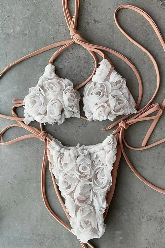 Sexy Lace Rose Tie Strap Bikini Set