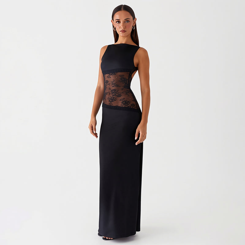 Sexy Lace Satin Backless Maxi Dress