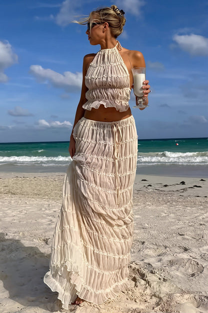 Sexy Lace Trim Halter Open Back Ruched Skirt Sets