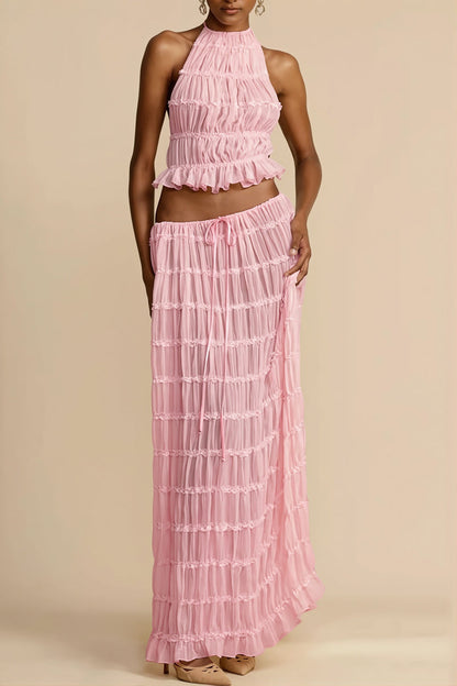 Sexy Lace Trim Halter Open Back Ruched Skirt Sets