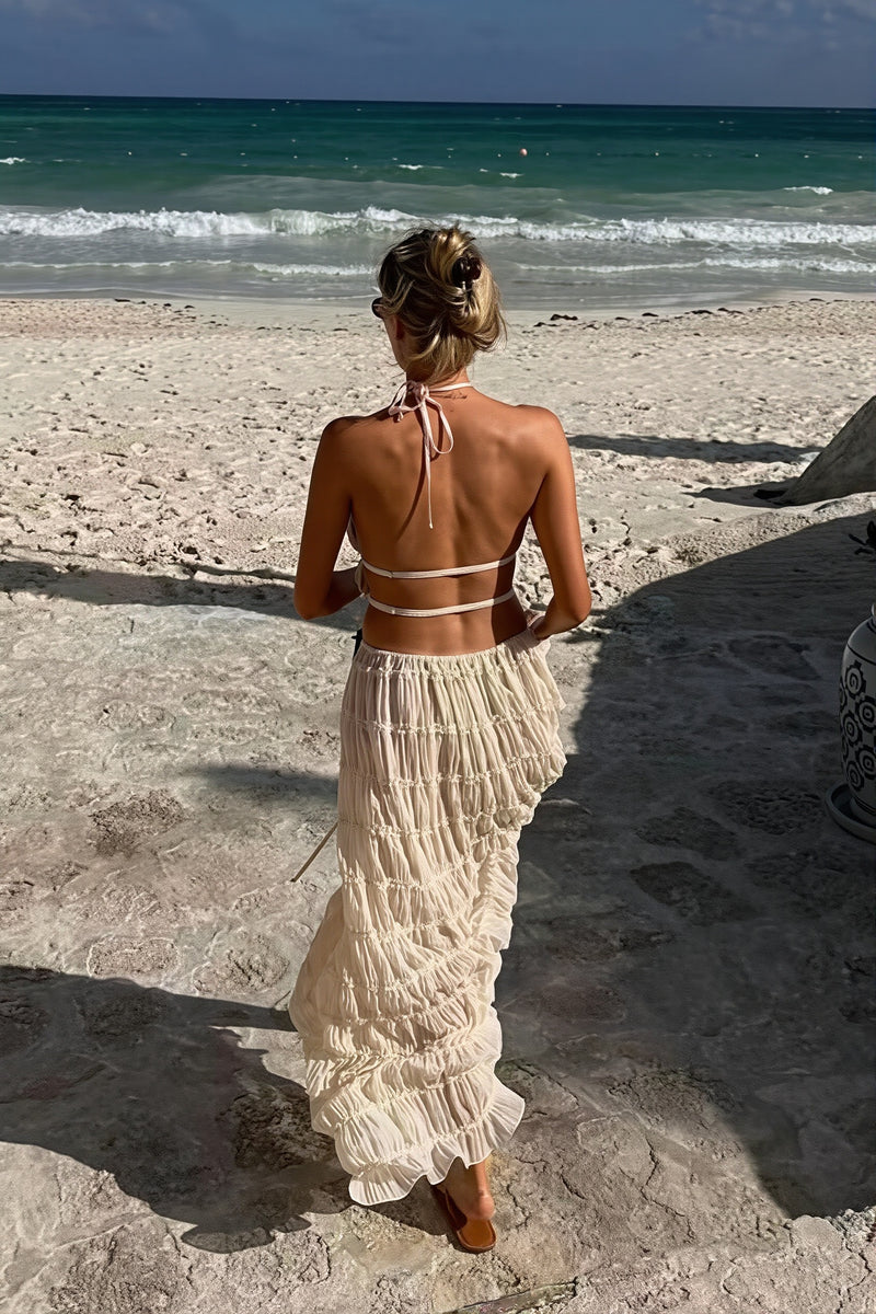 Sexy Lace Trim Halter Open Back Ruched Skirt Sets