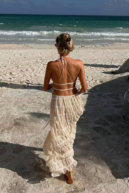 Sexy Lace Trim Halter Open Back Ruched Skirt Sets