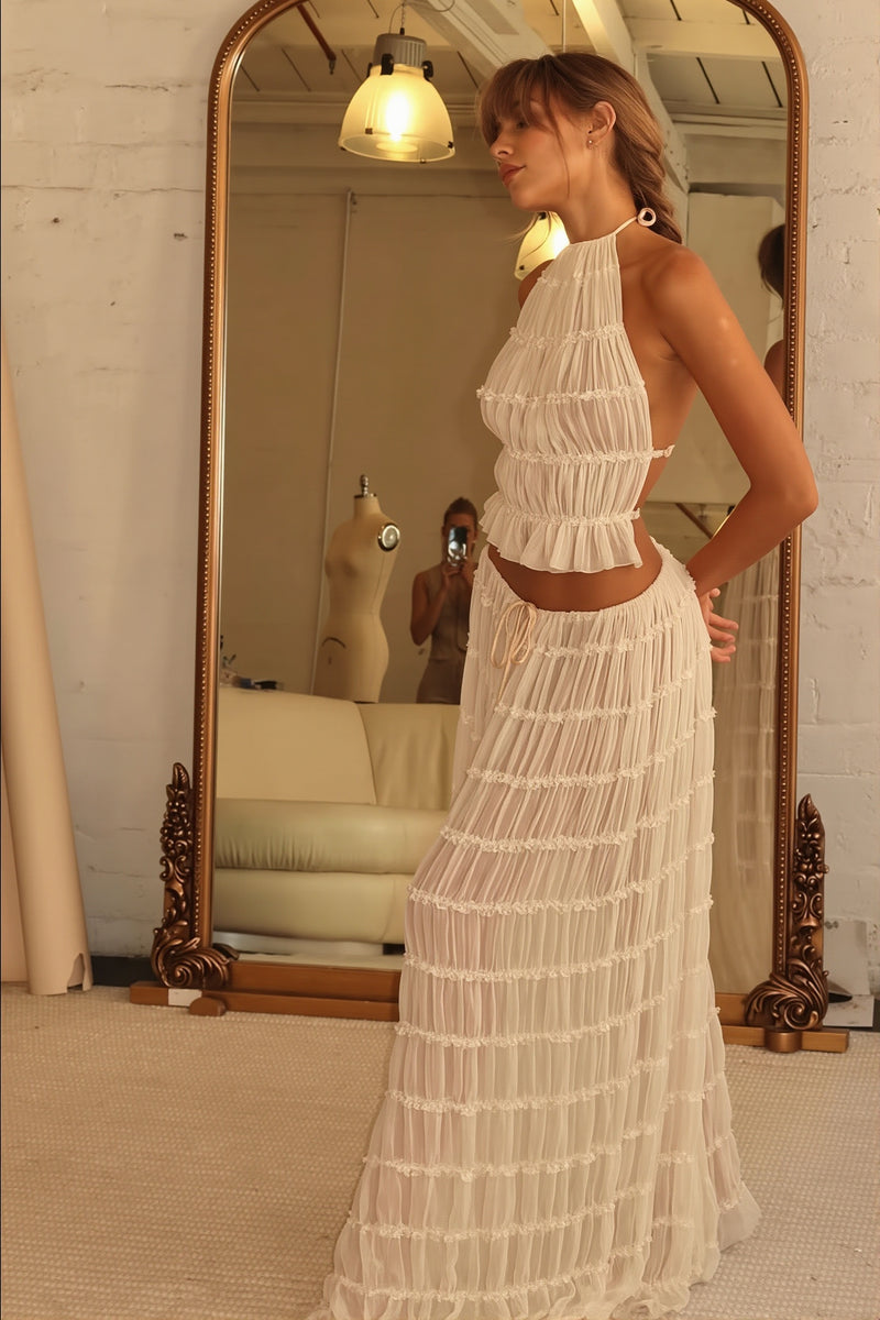 Sexy Lace Trim Halter Open Back Ruched Skirt Sets