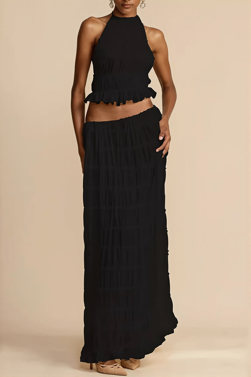 Sexy Lace Trim Halter Open Back Ruched Skirt Sets