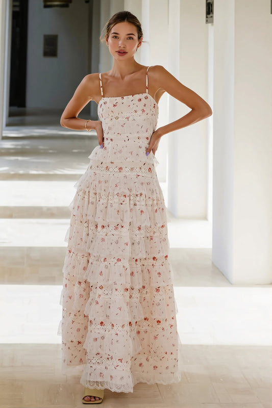 Sexy Lace Trim Print Tiered Ruffle Hem Cami Maxi Dress