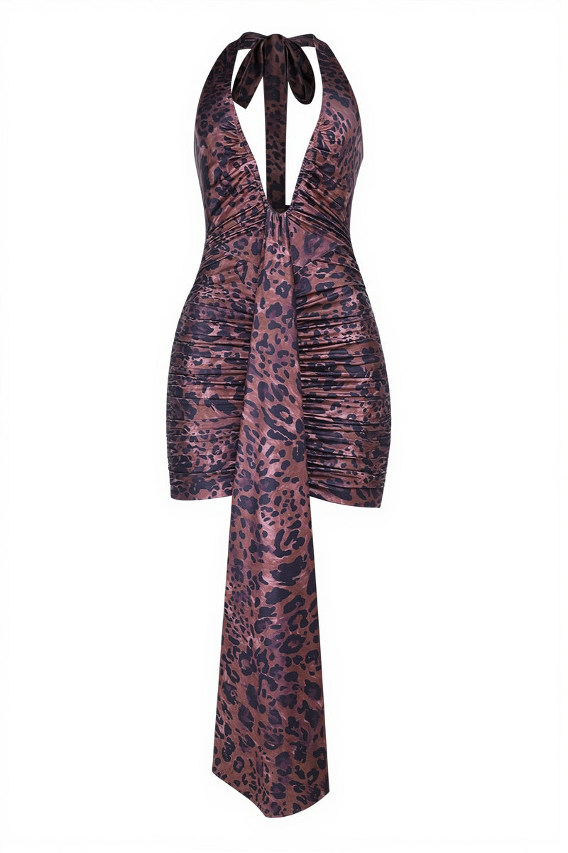 Sexy Leopard Deep V Halter Backless Tie Mini Dress