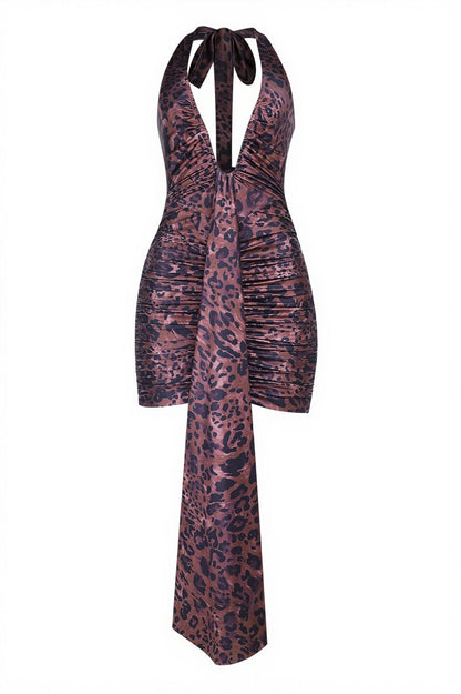 Sexy Leopard Deep V Halter Backless Tie Mini Dress