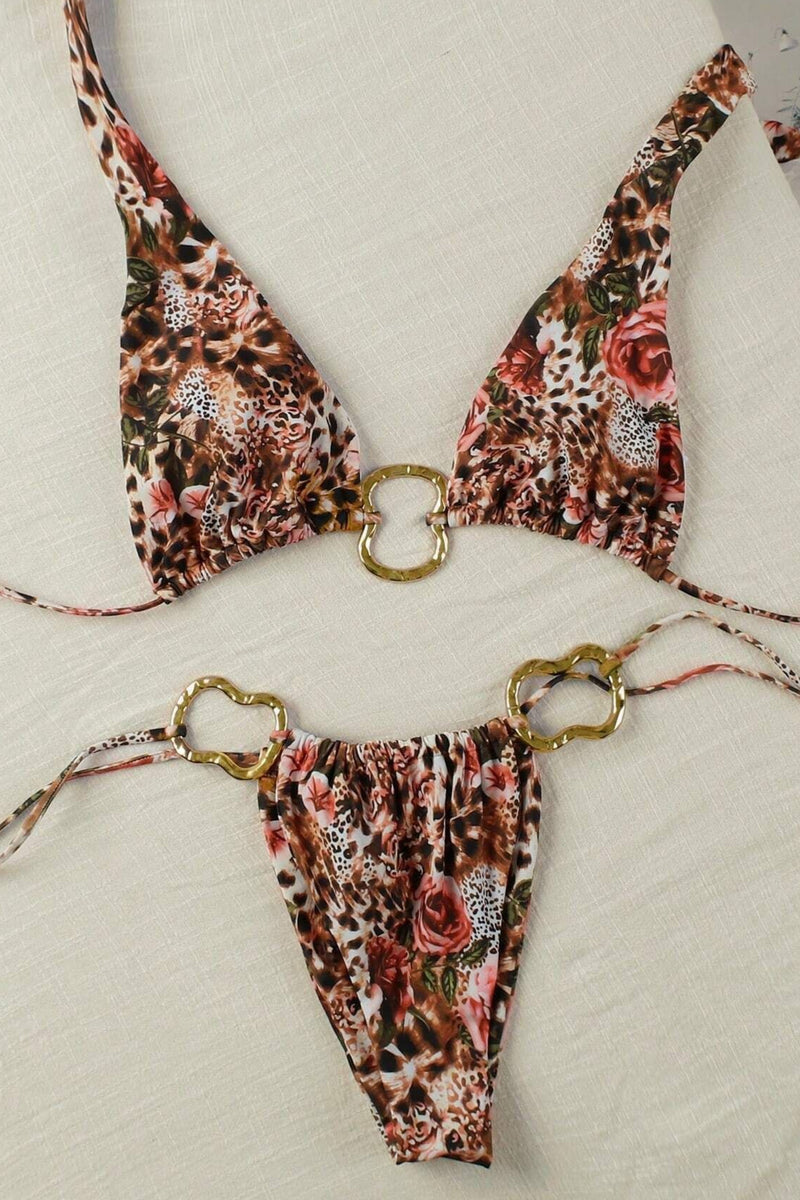 Sexy Leopard Floral Metal Bikini Set