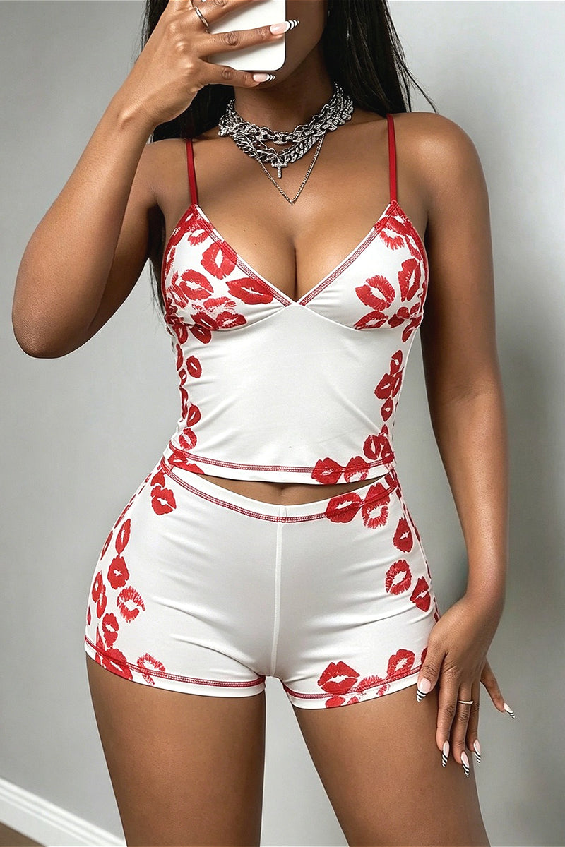 Sexy Lip Print Cami Two Piece Set