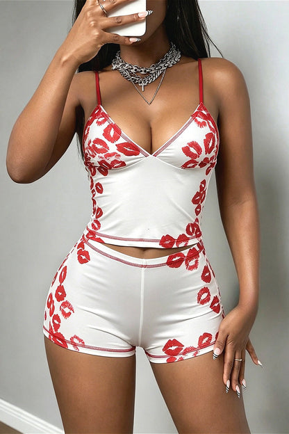 Sexy Lip Print Cami Two Piece Set