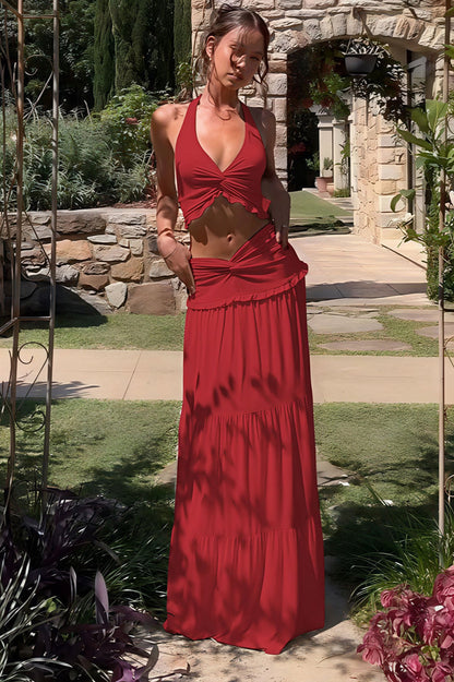 Sexy Pleated Halter Top Ruffle Maxi Skirt Set