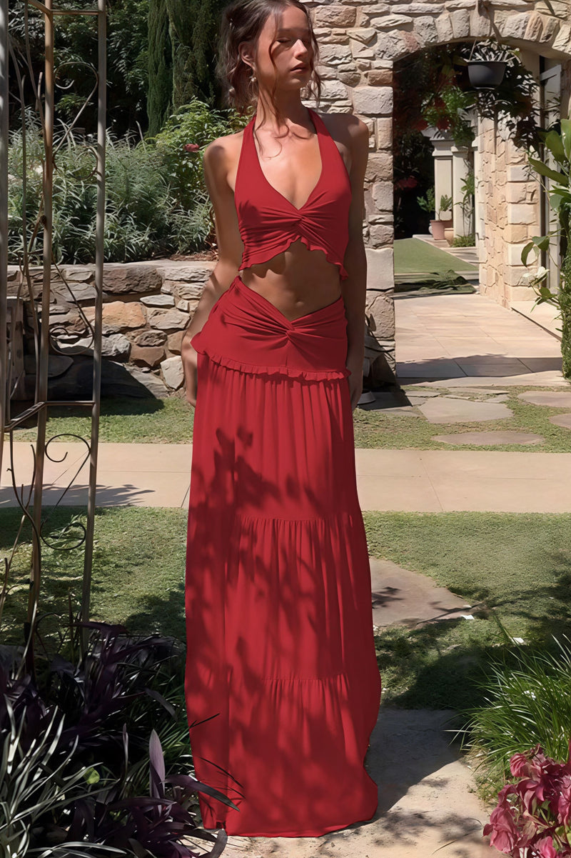 Sexy Pleated Halter Top Ruffle Maxi Skirt Set