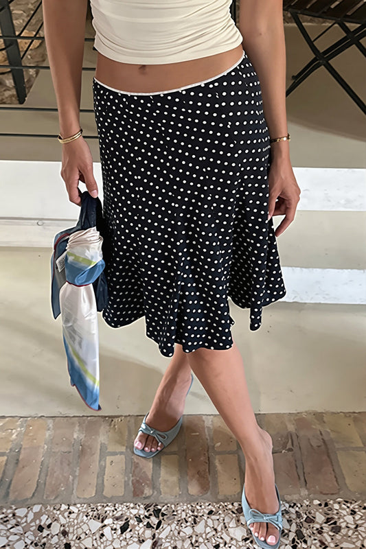 Sexy Polka Dot Ruffle Trim Bodycon Midi Skirt