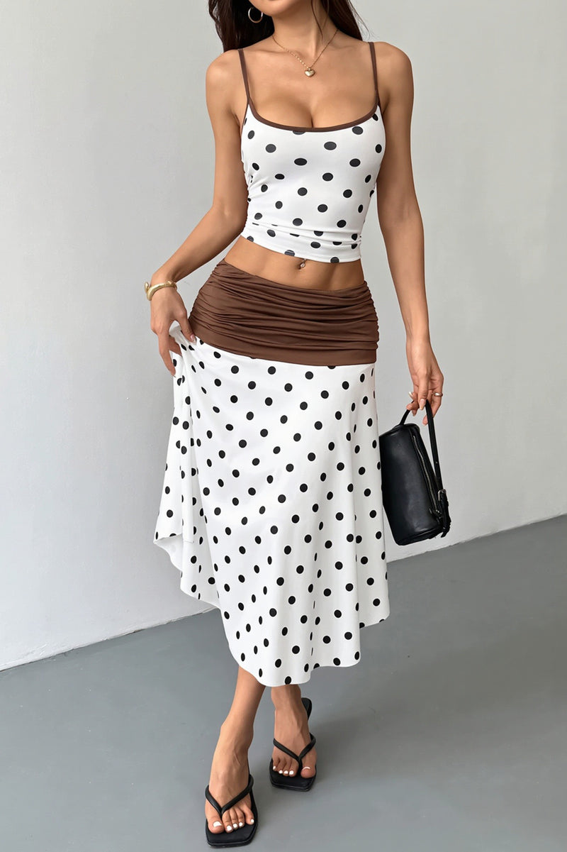 Sexy Polka Dot Tie Back Crop Top Two Tone Skirt Sets