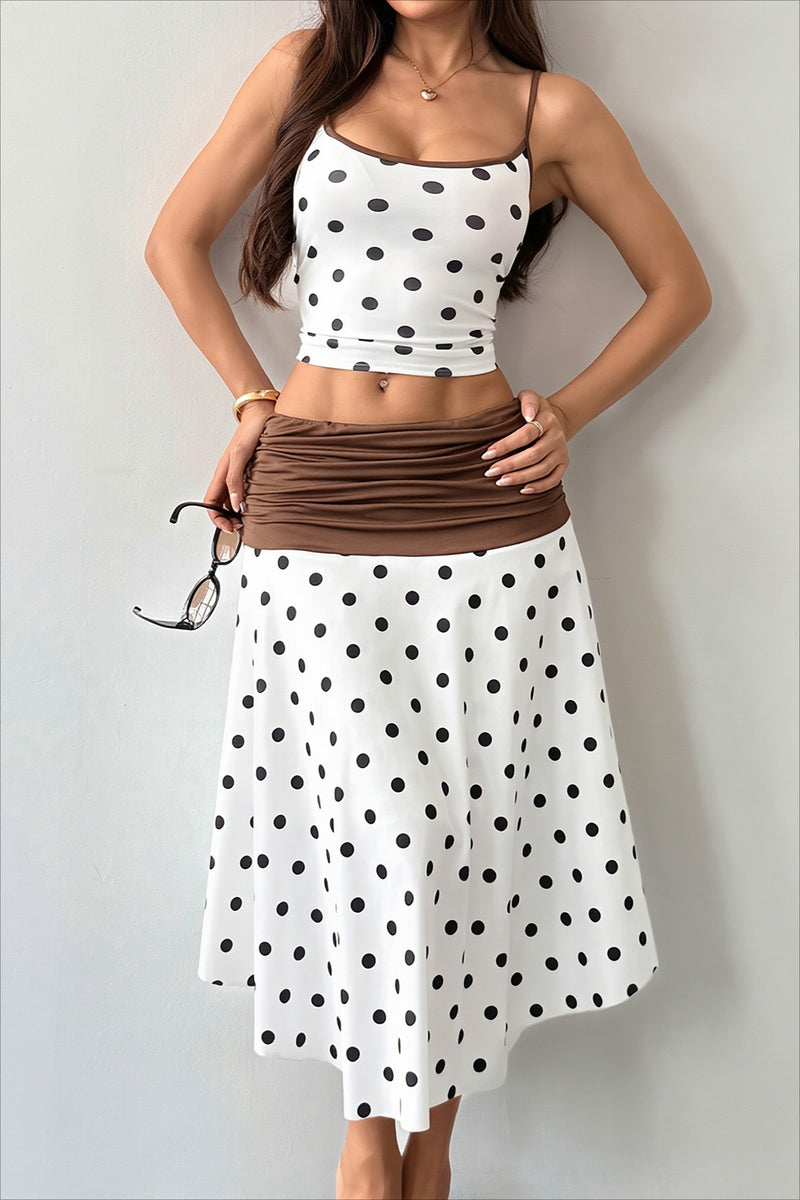 Sexy Polka Dot Tie Back Crop Top Two Tone Skirt Sets