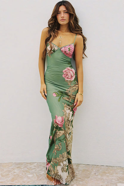 Sexy Print V-Neck Spaghetti Strap Backless Maxi Dress