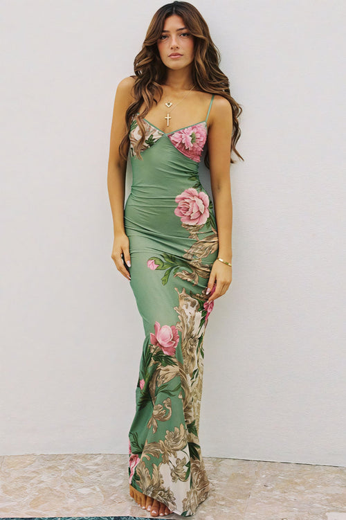 Sexy Print V-Neck Spaghetti Strap Backless Maxi Dress