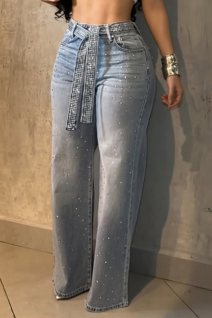Sexy Rhinestone Belt High Waist Straight Jeans