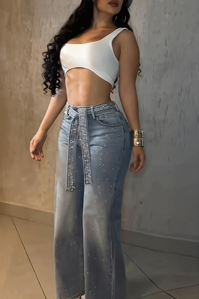 Sexy Rhinestone Belt High Waist Straight Jeans
