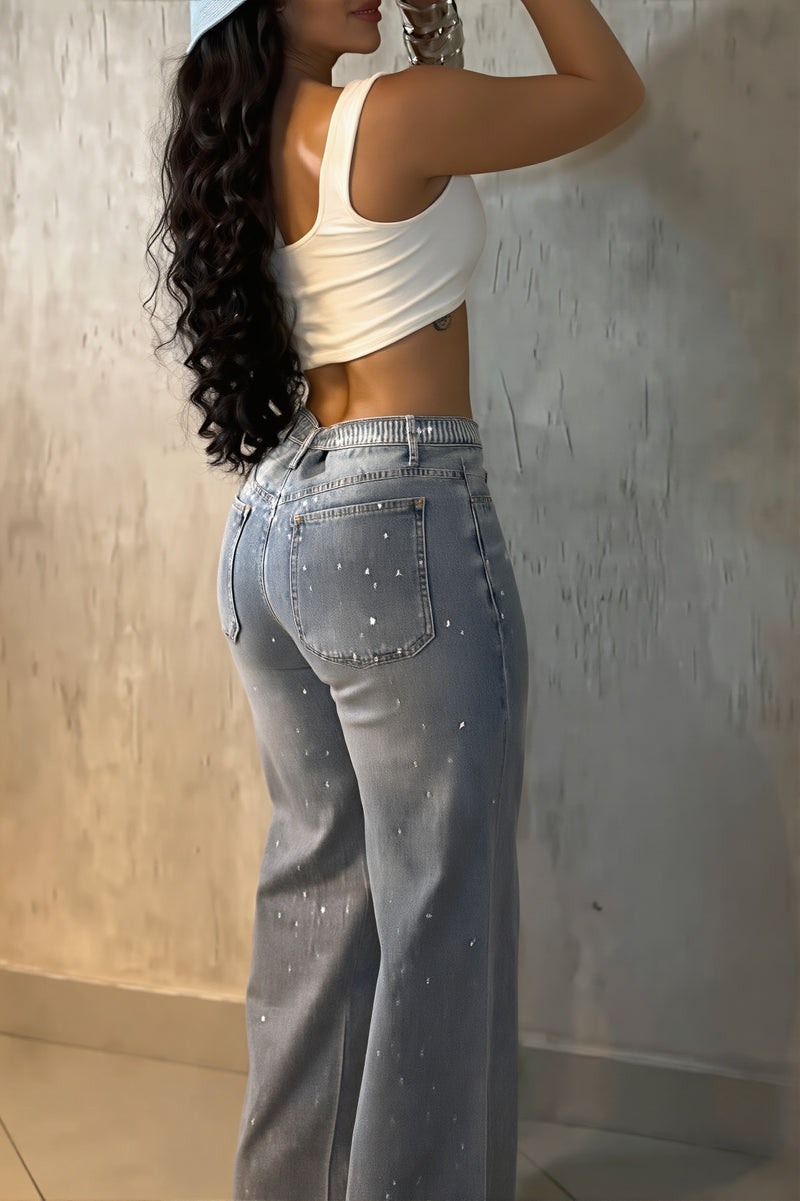 Sexy Rhinestone Belt High Waist Straight Jeans