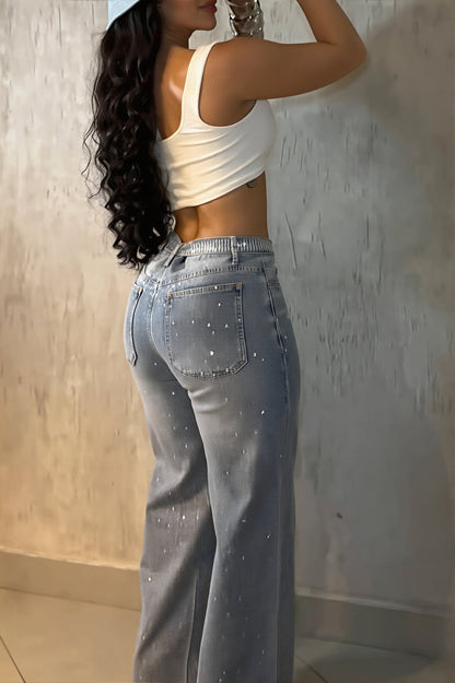 Sexy Rhinestone Belt High Waist Straight Jeans