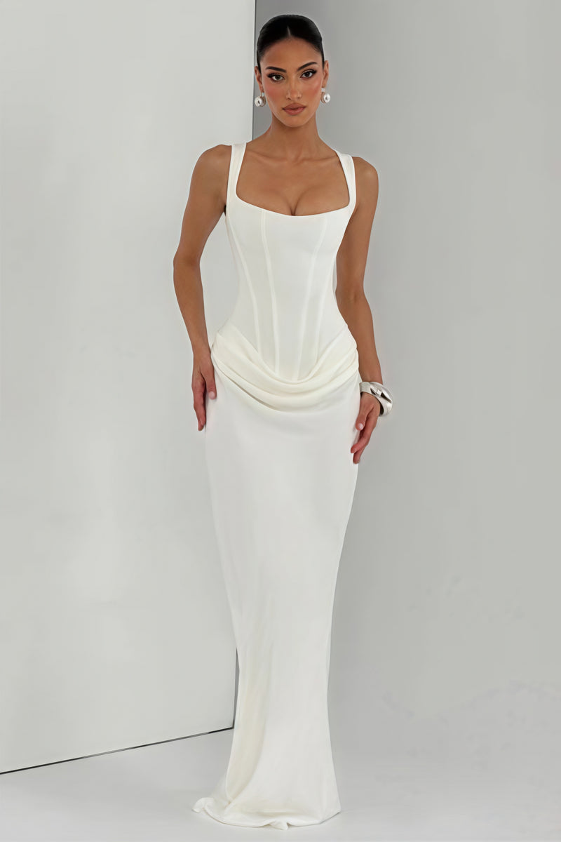 Sexy Ruched Spaghetti Strap Boned Waist Cinching Bodycon Maxi Dress