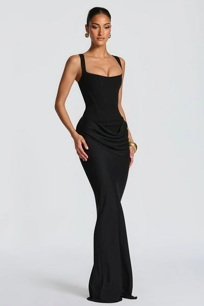 Sexy Ruched Spaghetti Strap Boned Waist Cinching Bodycon Maxi Dress