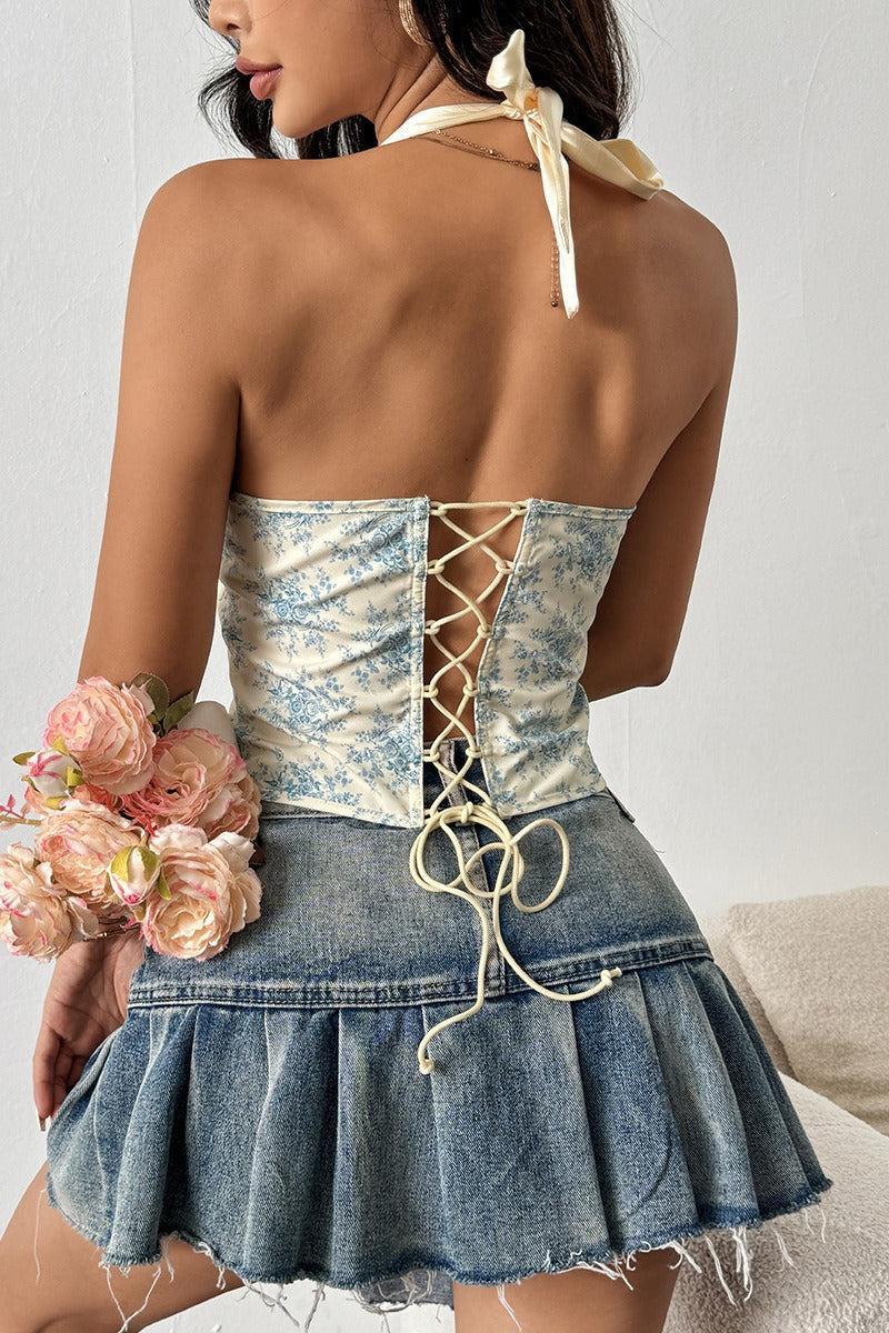 Sexy Ruffle Print Halter Bustier Halter Top