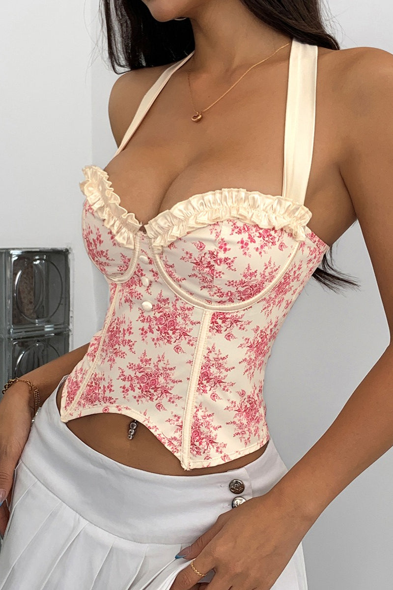 Sexy Ruffle Print Halter Bustier Halter Top