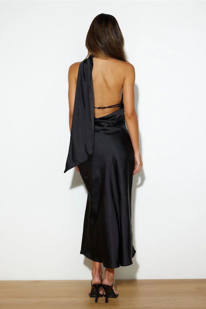 Sexy Satin Slit Hem Backless Midi Dress