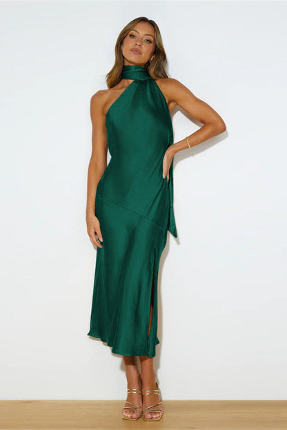Sexy Satin Slit Hem Backless Midi Dress