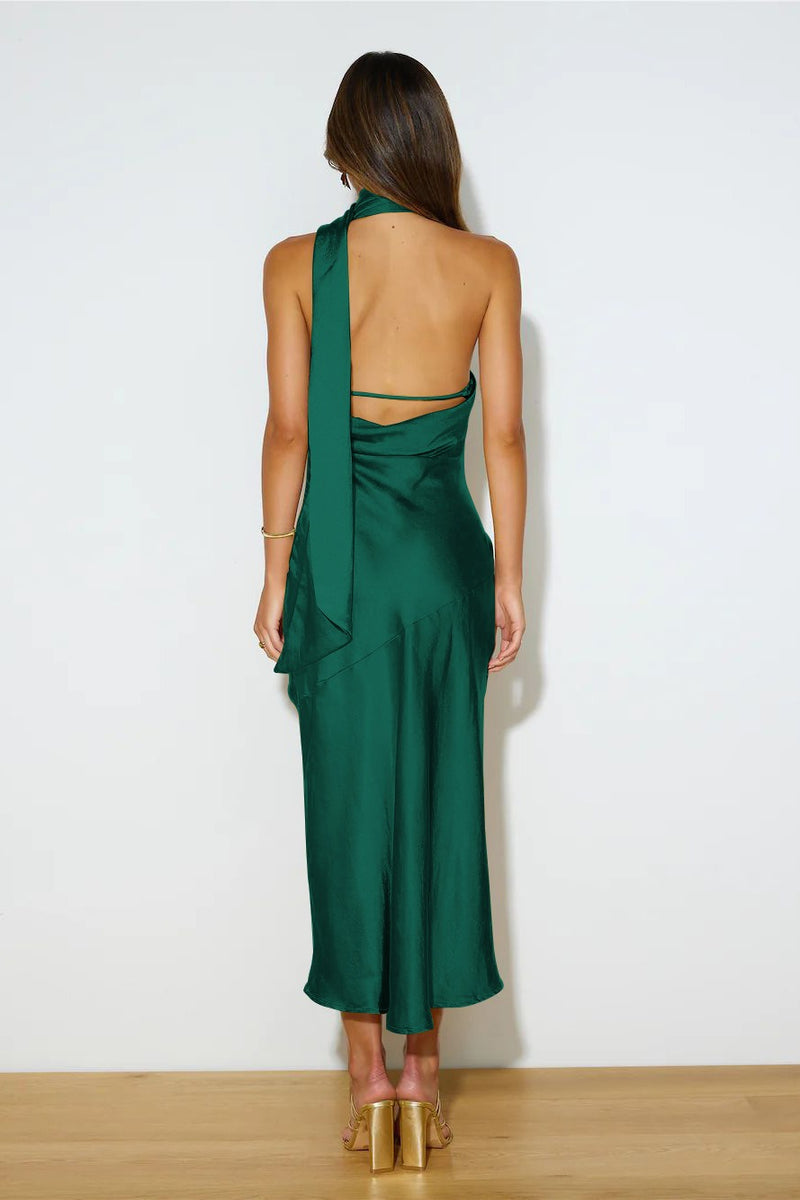 Sexy Satin Slit Hem Backless Midi Dress