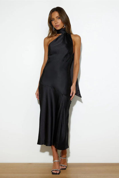 Sexy Satin Slit Hem Backless Midi Dress