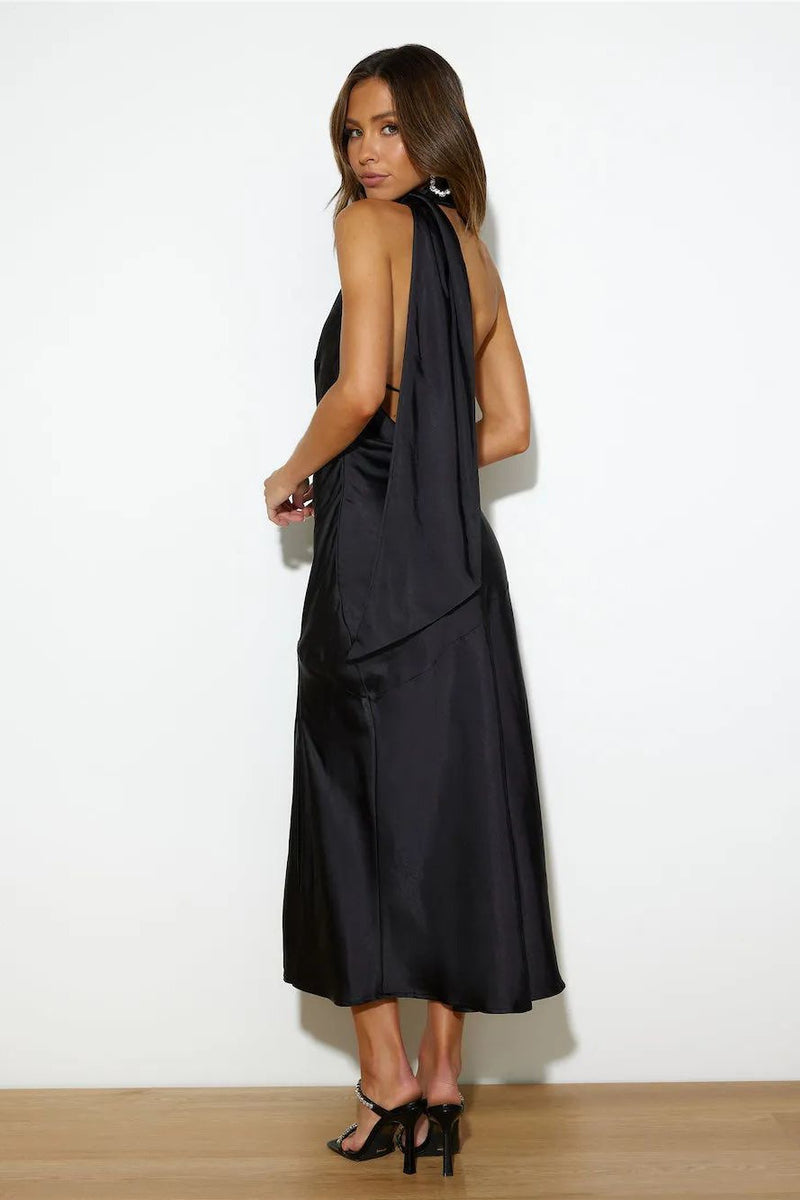 Sexy Satin Slit Hem Backless Midi Dress