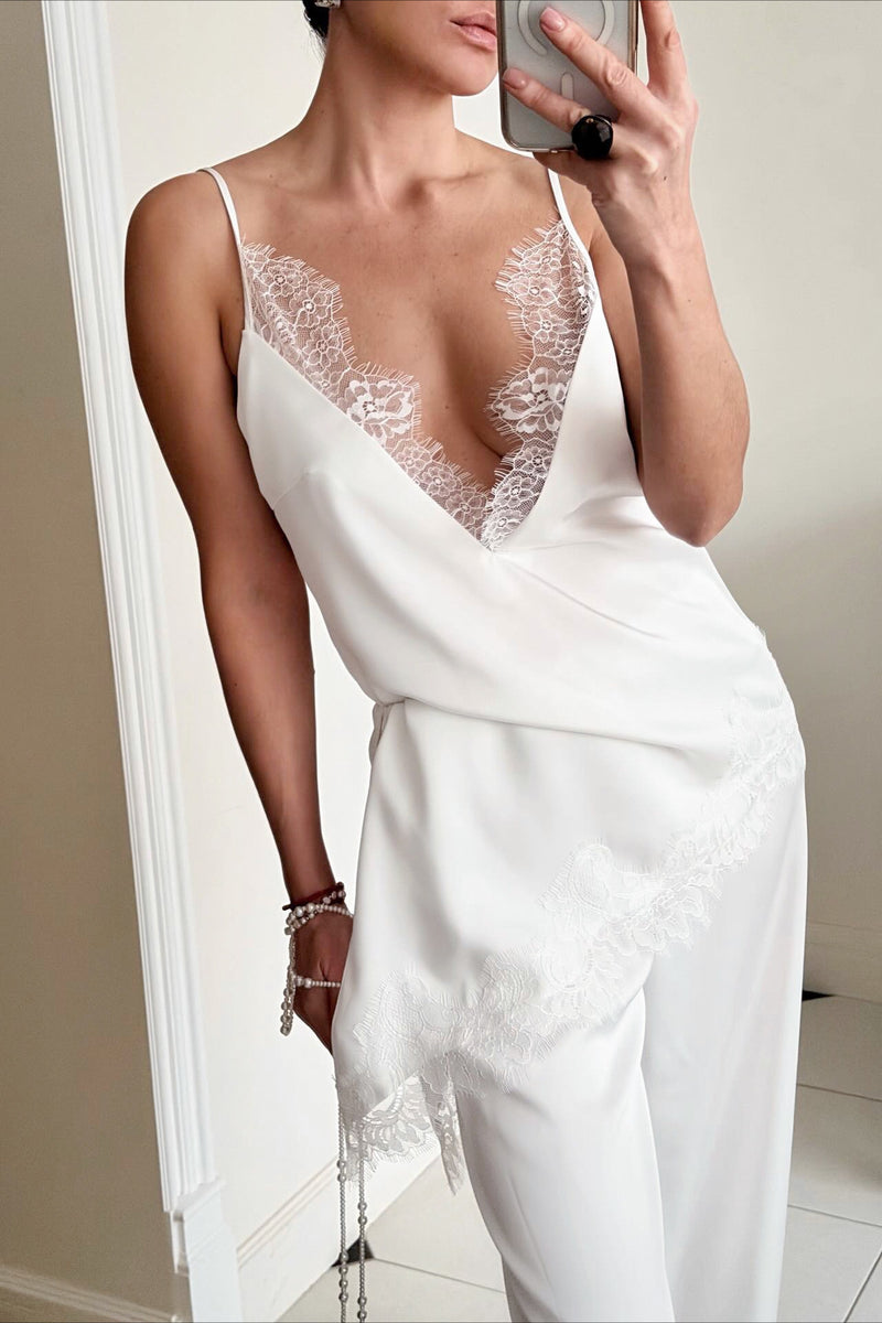 Sexy Satin V Neck Lace Slit Cami Top