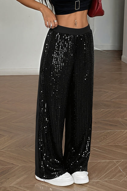 Sexy Sequin Patch Elastic Waist Straight Pants