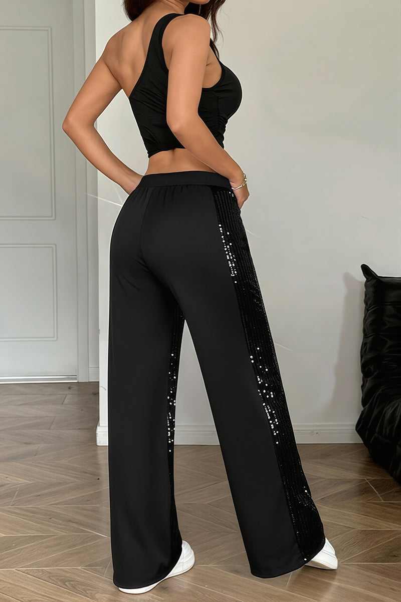 Sexy Sequin Patch Elastic Waist Straight Pants