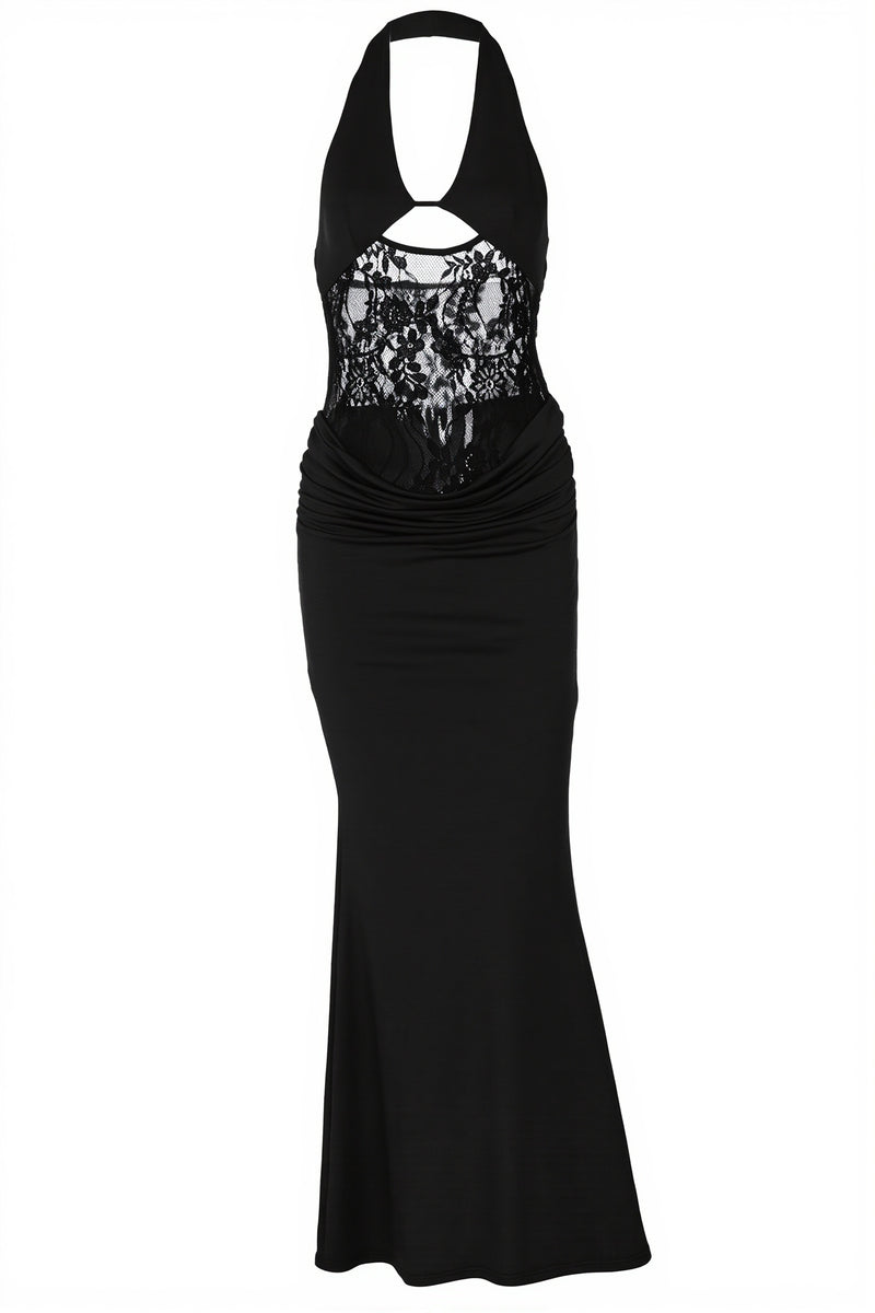 Sexy Sheer Lace Halter Open Back Bodycon Maxi Dress
