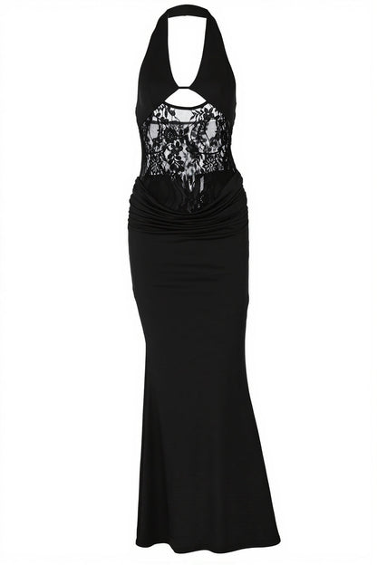 Sexy Sheer Lace Halter Open Back Bodycon Maxi Dress