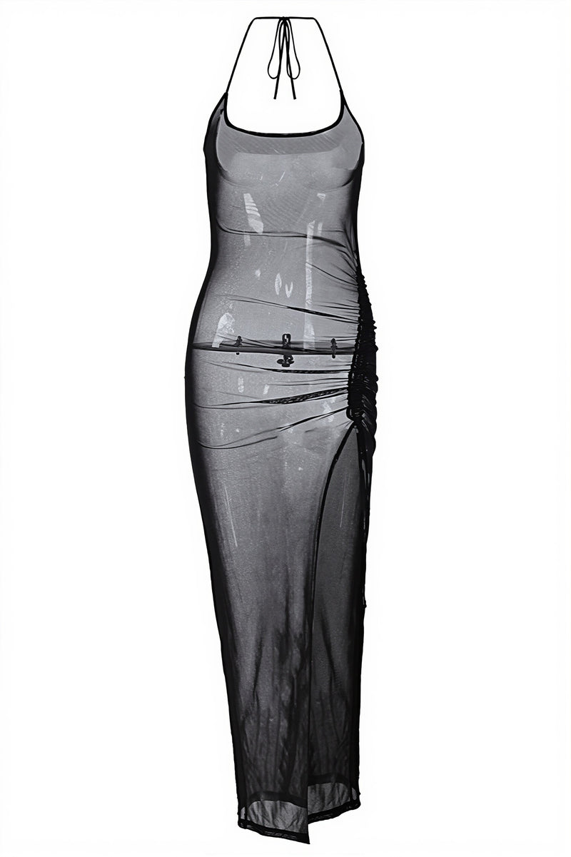 Sexy Sheer Mesh Insert Side Slit Bodycon Maxi Dress
