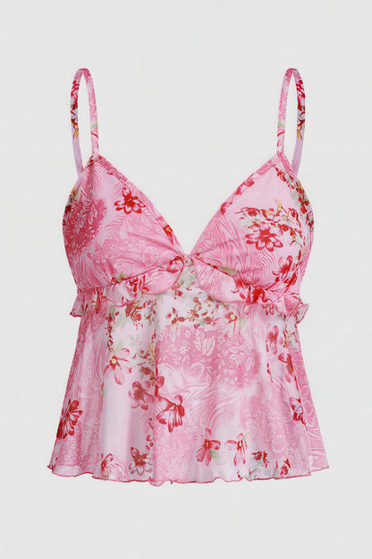 Sexy Sheer Print Ruffle Cami Top