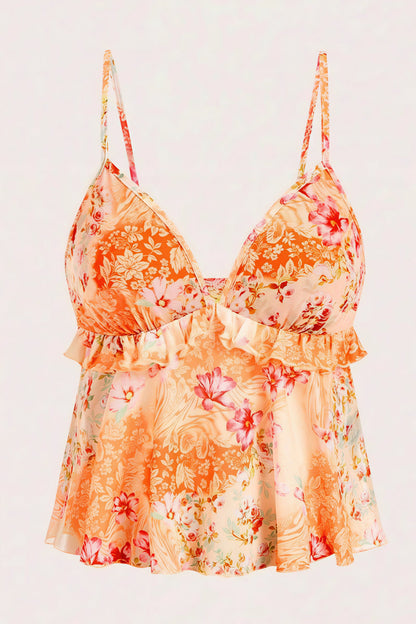 Sexy Sheer Print Ruffle Cami Top