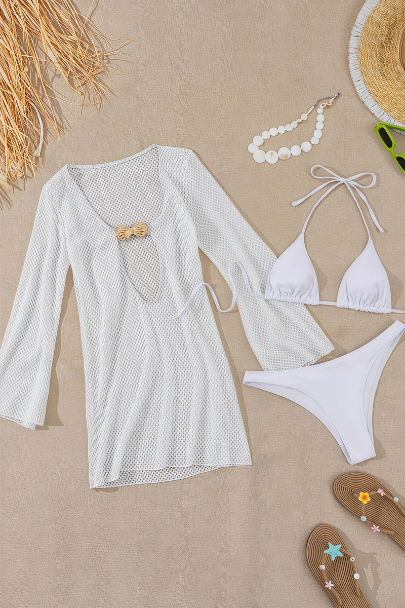 Sexy Solid High Waist Lace Up Bikini Three Piece Swim Sets