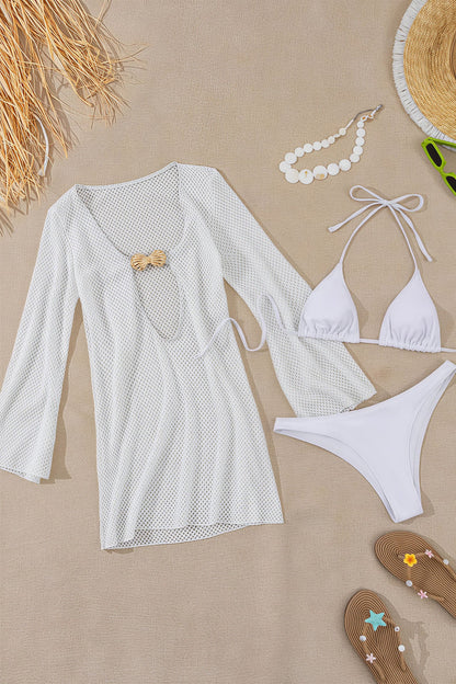 Sexy Solid High Waist Lace Up Bikini Three Piece Swim Sets