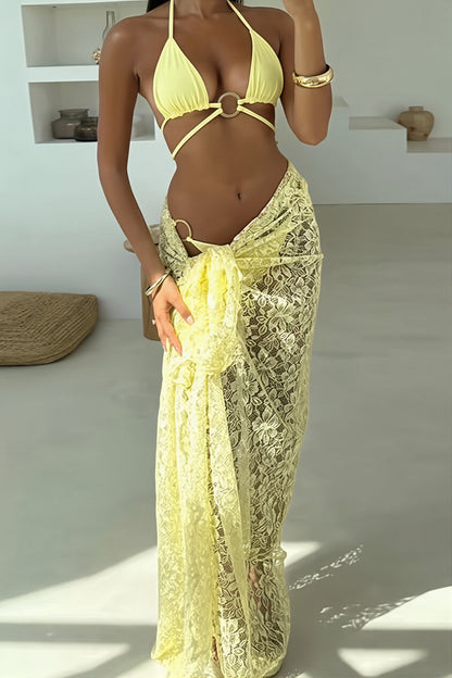 Sexy Solid Lace Cover Up Bikini Set Three Piece Swim Sets