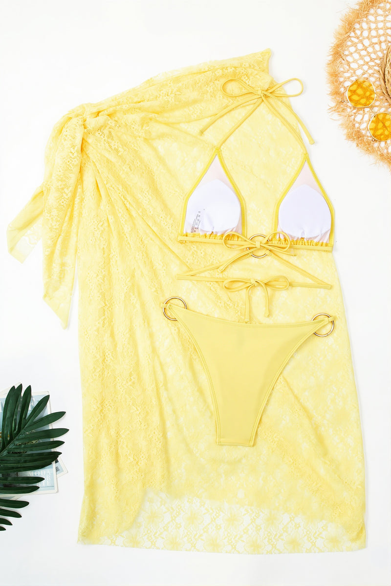 Sexy Solid Lace Cover Up Bikini Set Three Piece Swim Sets