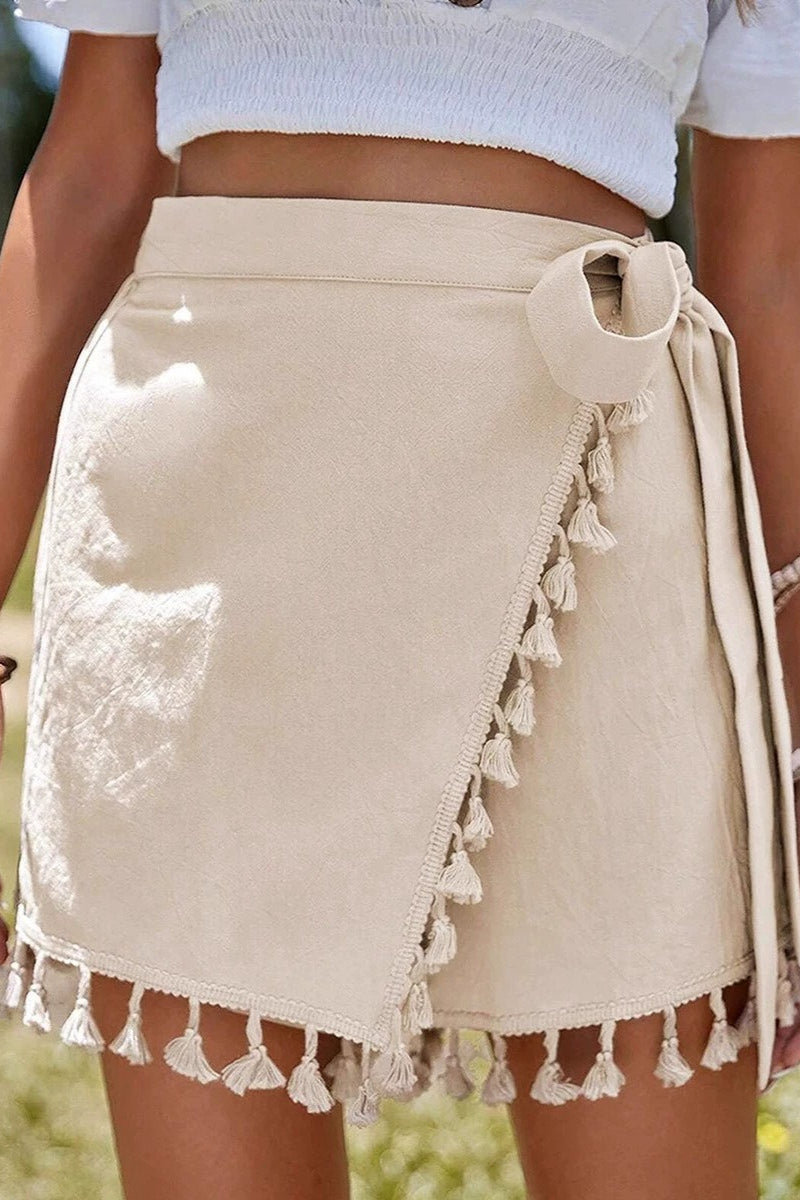 Sexy Solid Lace Up Fringe Hem Short Skirt