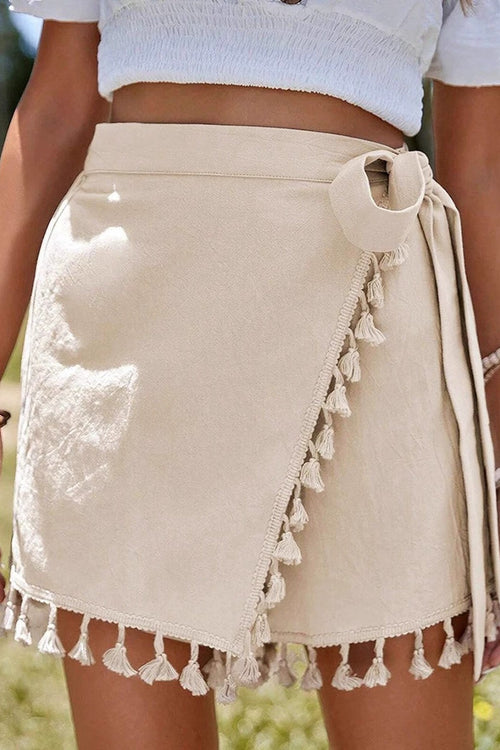 Sexy Solid Lace Up Fringe Hem Short Skirt