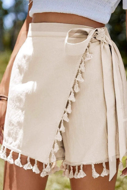 Sexy Solid Lace Up Fringe Hem Short Skirt