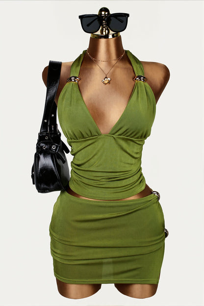 Sexy Solid Plunge Neck Halter Tie Back Bodycon Skirt Sets